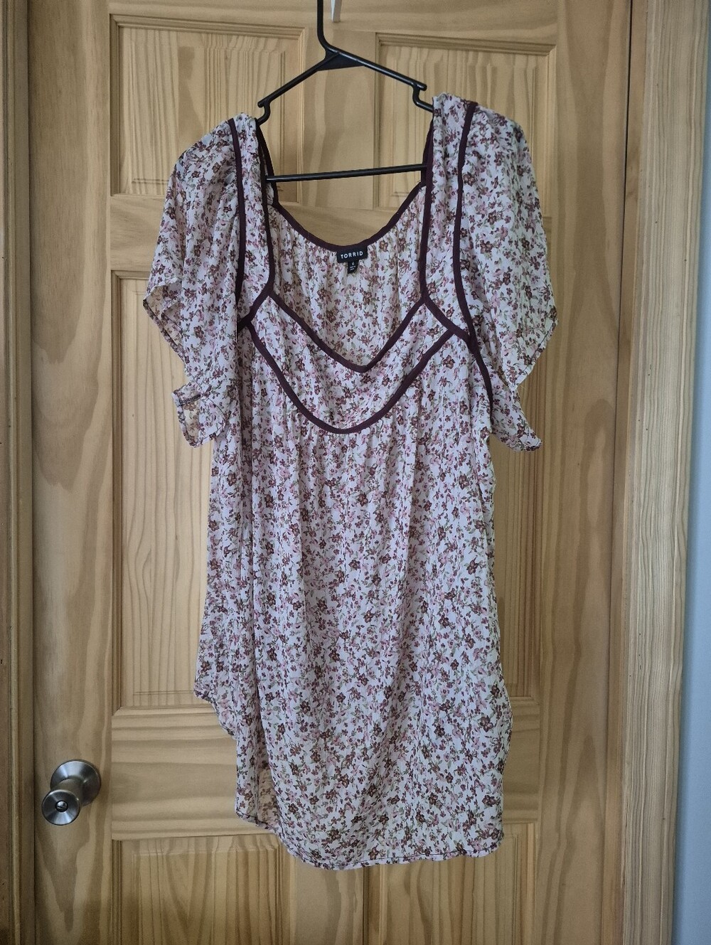 torrid Cream Floral Sheer Blouse with Maroon Trim